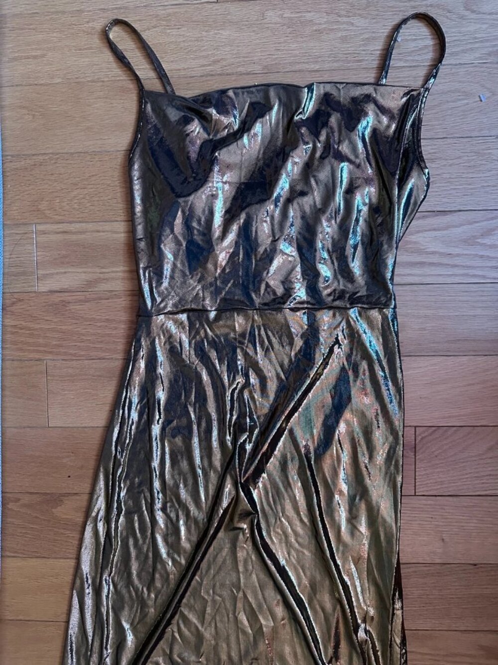 NEW Gold Vidussa brand, cocktail party mini dress, spaghetti strapped, size M
